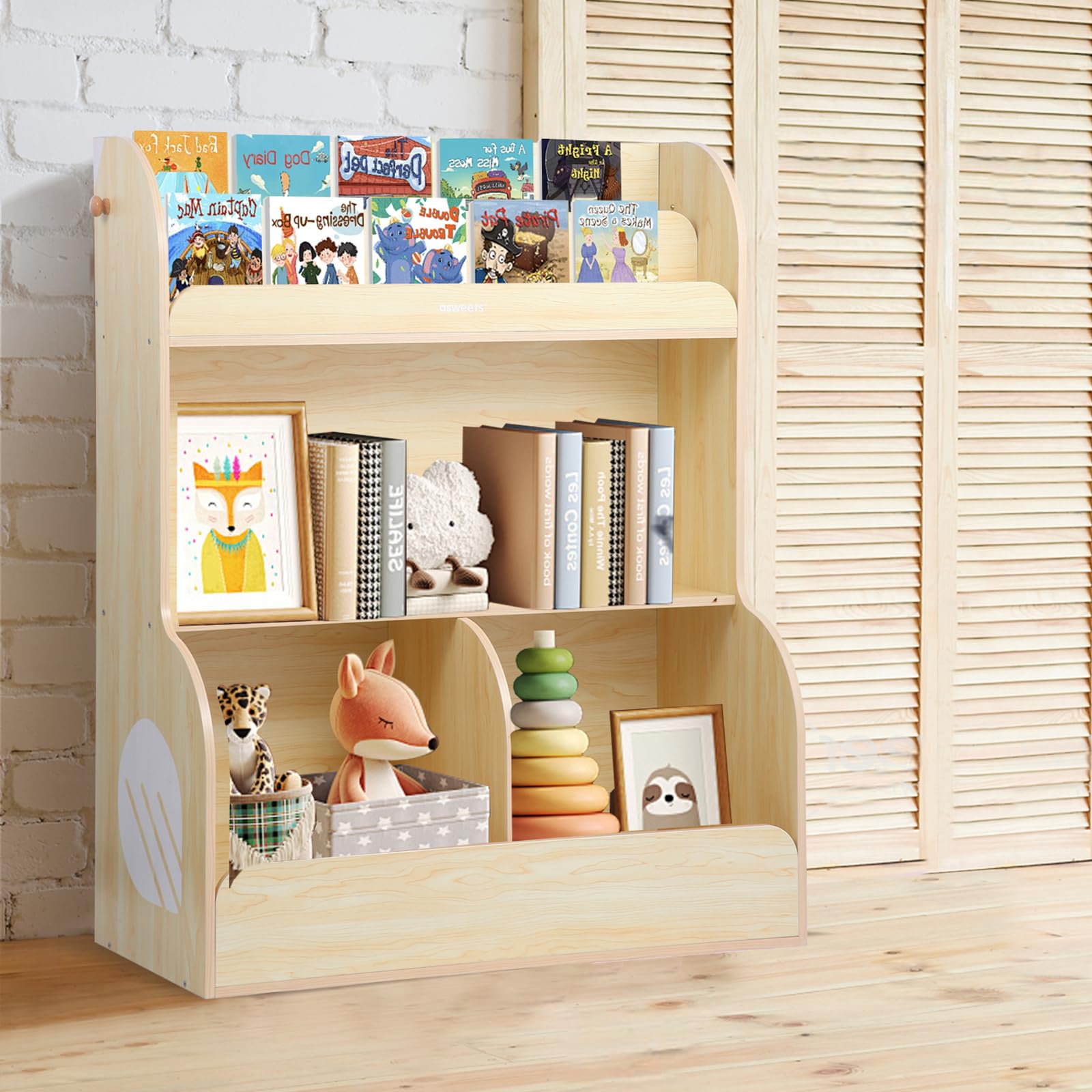 Bookshelf & Montessori Toy Storage Cubby, 3 Tiers Children Wooden Bookcase