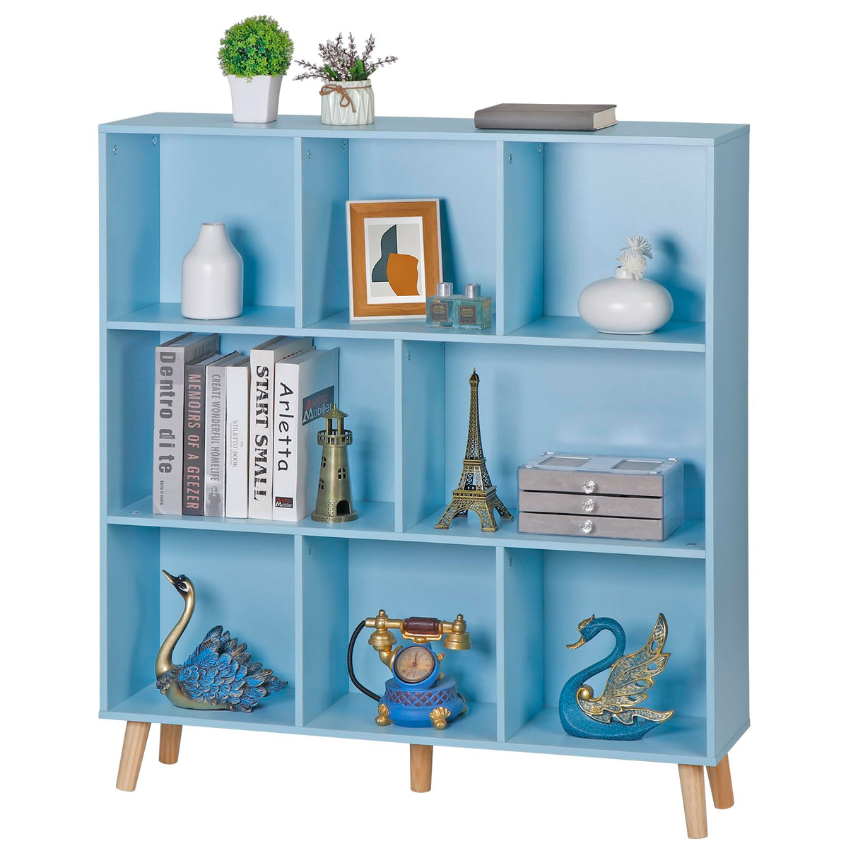 8 Cube Bookshelf 3 Tier Modern Bookcase with Solid Legs, Open Shelf Tall Storage Organizer Wide Display Rack Freestanding Cabinet for Bedroom, Living Room, Office, Nursery, Dark Blue