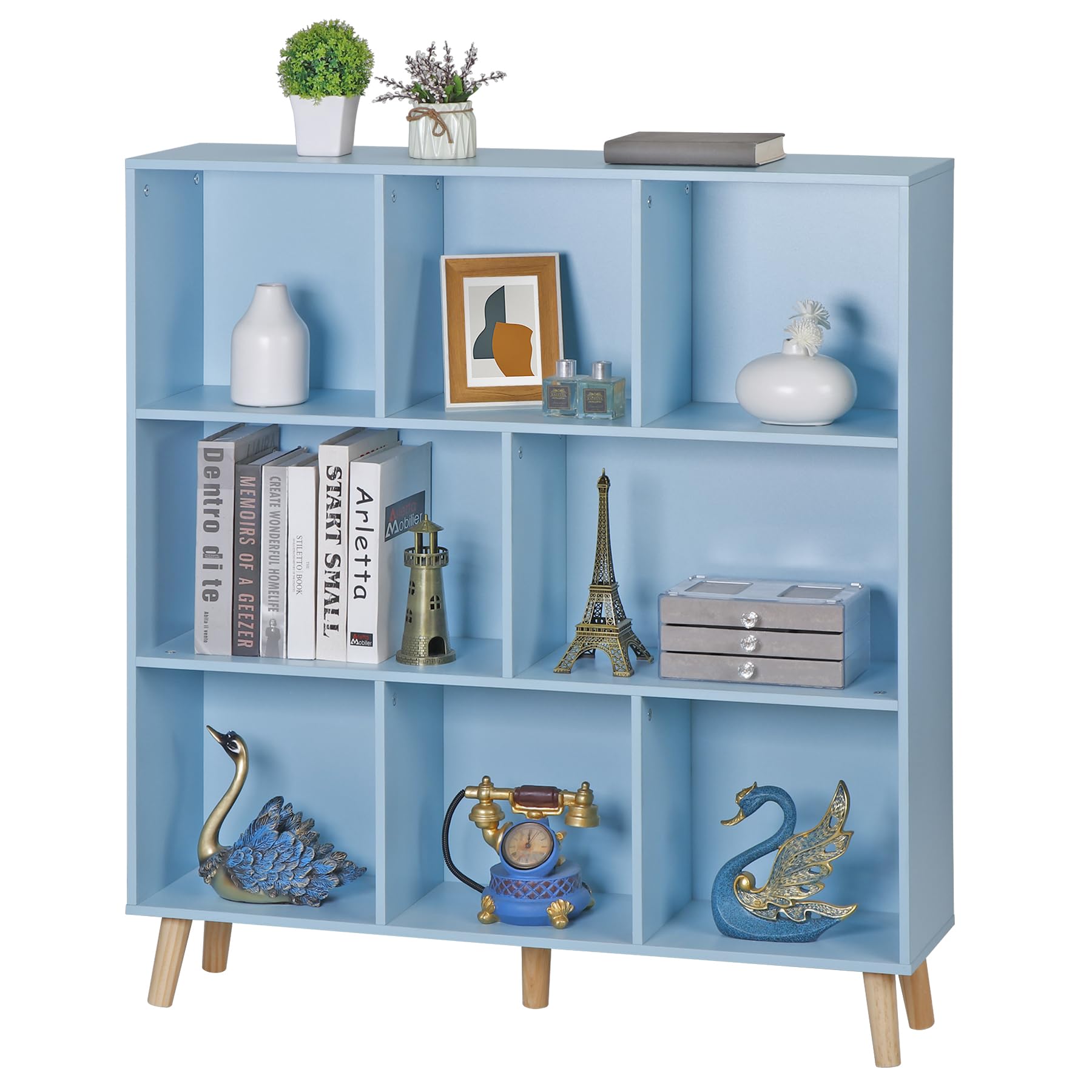 8 Cube Bookshelf 3 Tier Modern Bookcase with Solid Legs, Open Shelf Tall Storage Organizer Wide Display Rack Freestanding Cabinet for Bedroom, Living Room, Office, Nursery, Dark Blue