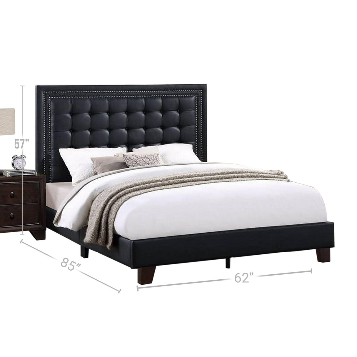 Benjara VEA Modern Platform Queen Bed, Deep Tufted Upholstery, Black Faux Leather