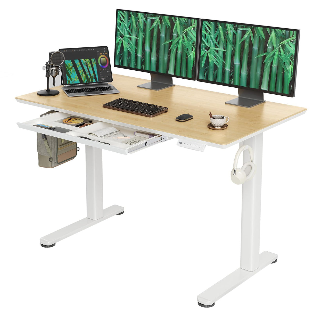 INNOVAR Bamboo Standing Desk with Drawers,48 Inch Adjustable Stand Up Desk,Quick Install Electric Home Office Stand Desk with Whole-Piece Board,Adjustable Height Computer Desk,White Frame/Bamboo Top