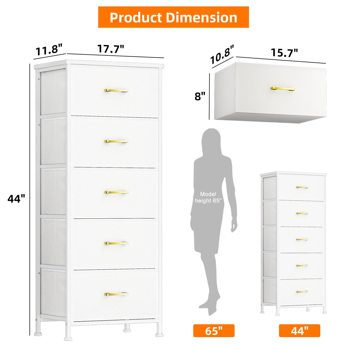 YIPPPPE White Tall Dresser for Bedroom, Vertical Storage Tower Unit with 5 Fabric Drawers, Nightstand Dresser Organizer, White Chest of Drawers for Closet, White