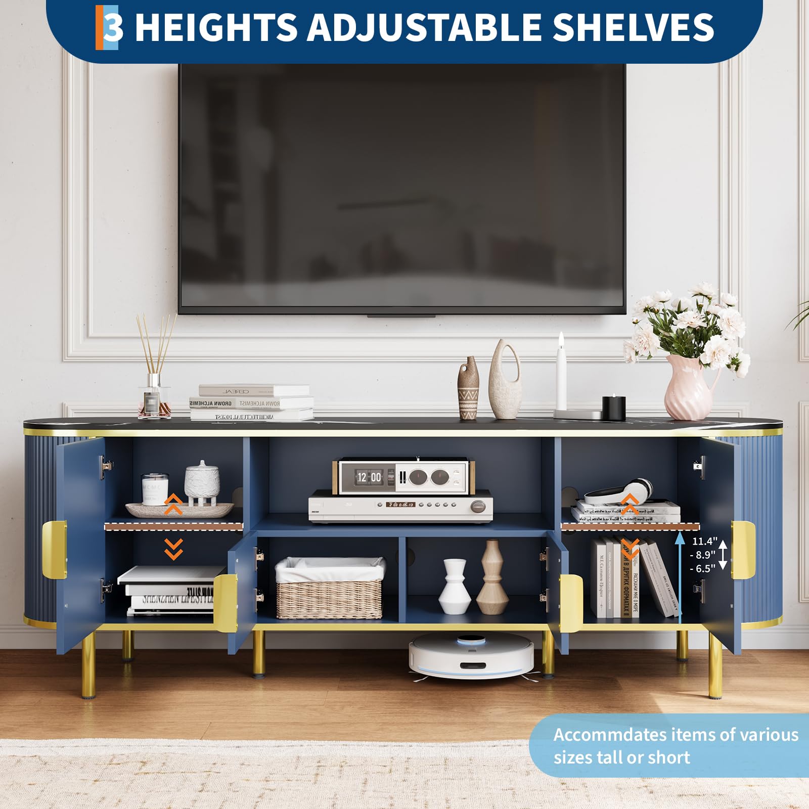 70-Inch Fluted TV Stand with Faux Marble Top - Navy Blue