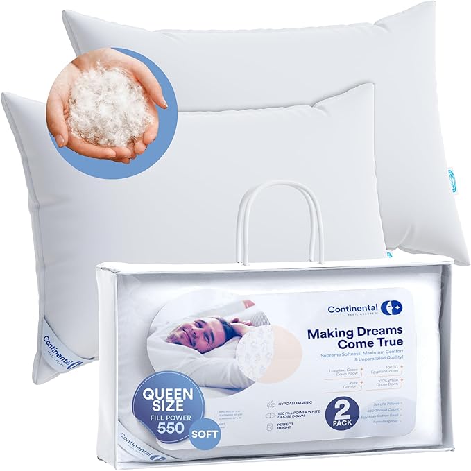 Luxury Down Pillow Set for Father's Day: Queen Size Pack of 1 Soft Pillow + Queen Pillow Protector - Family Made in New York - 550FP Soft