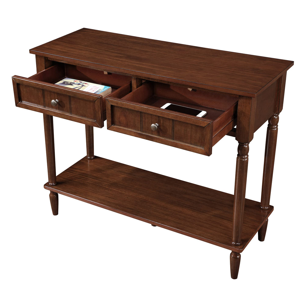 French Country 2-Drawer Hall Table with Shelf, Espresso