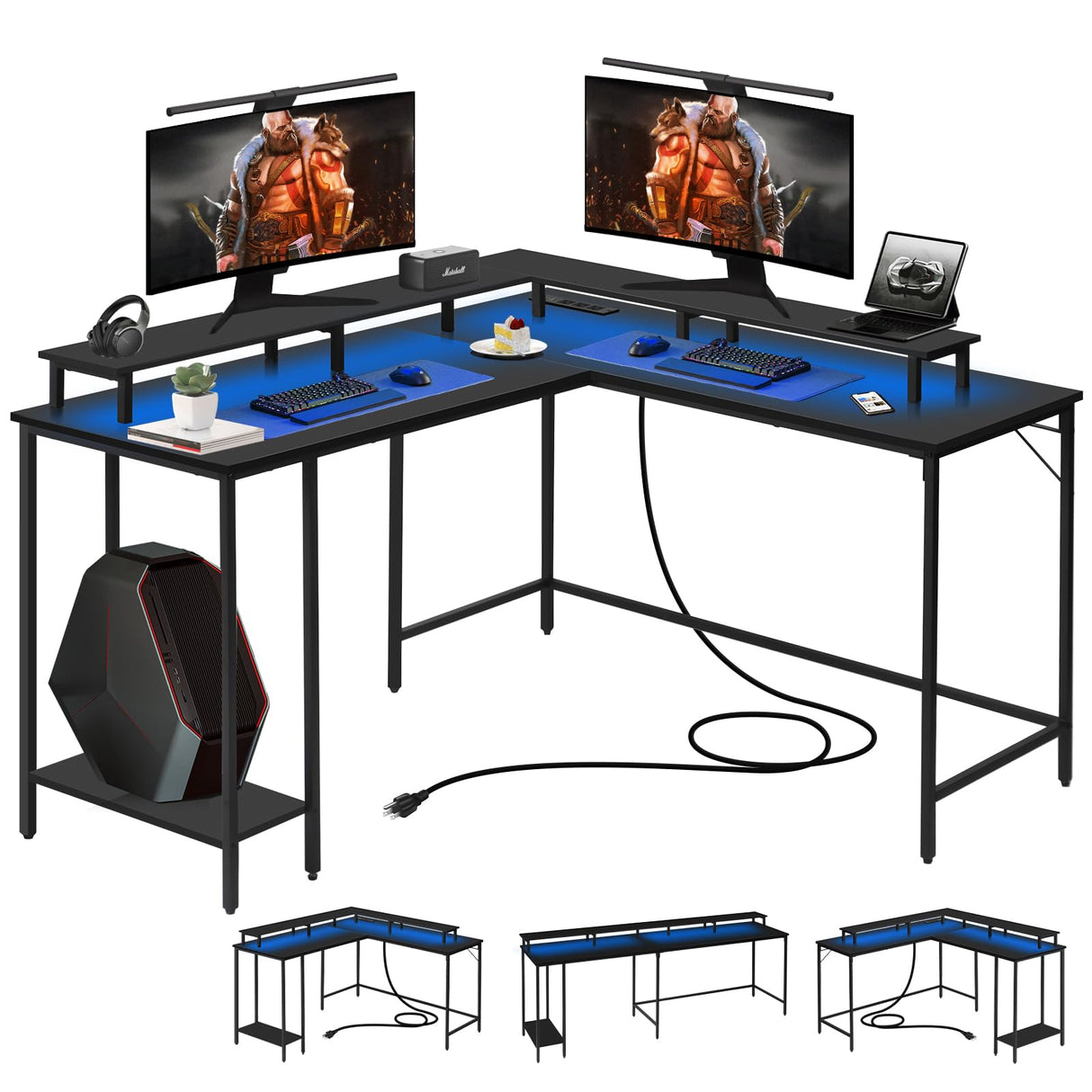 53.5" L Shaped Computer Desk Gaming Desk with LED Lights and Power Outlets