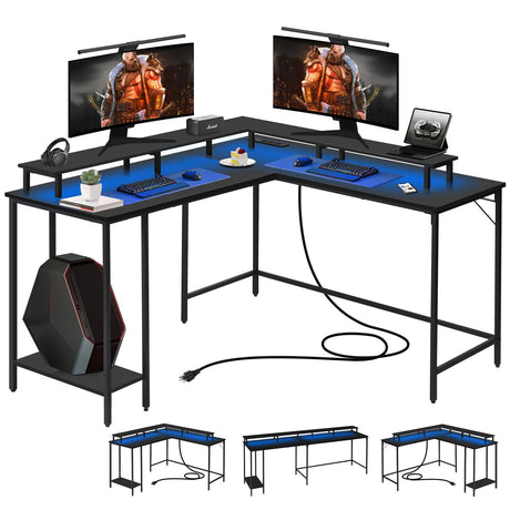 53.5" L Shaped Computer Desk Gaming Desk with LED Lights and Power Outlets