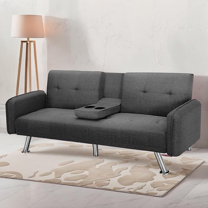 Sleeper Sofa Bed with Adjustable Backrest & Cup Holders, Futon Set with Metal Legs