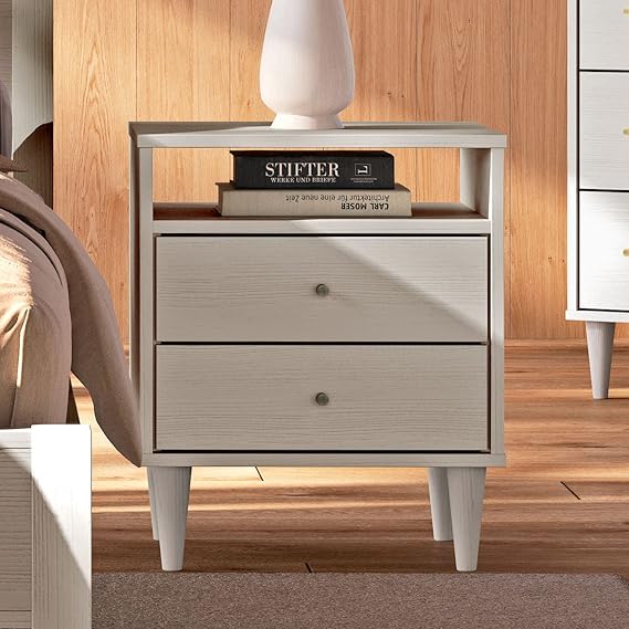 Mid Century 2-Drawer Nightstand, Solid Wood with a Brushed Walnut Finish