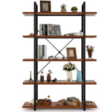 Wood and Metal Minimalist 5 Tier Bookshelf, 6 feet Tall Open Rustic Wide Bookcase