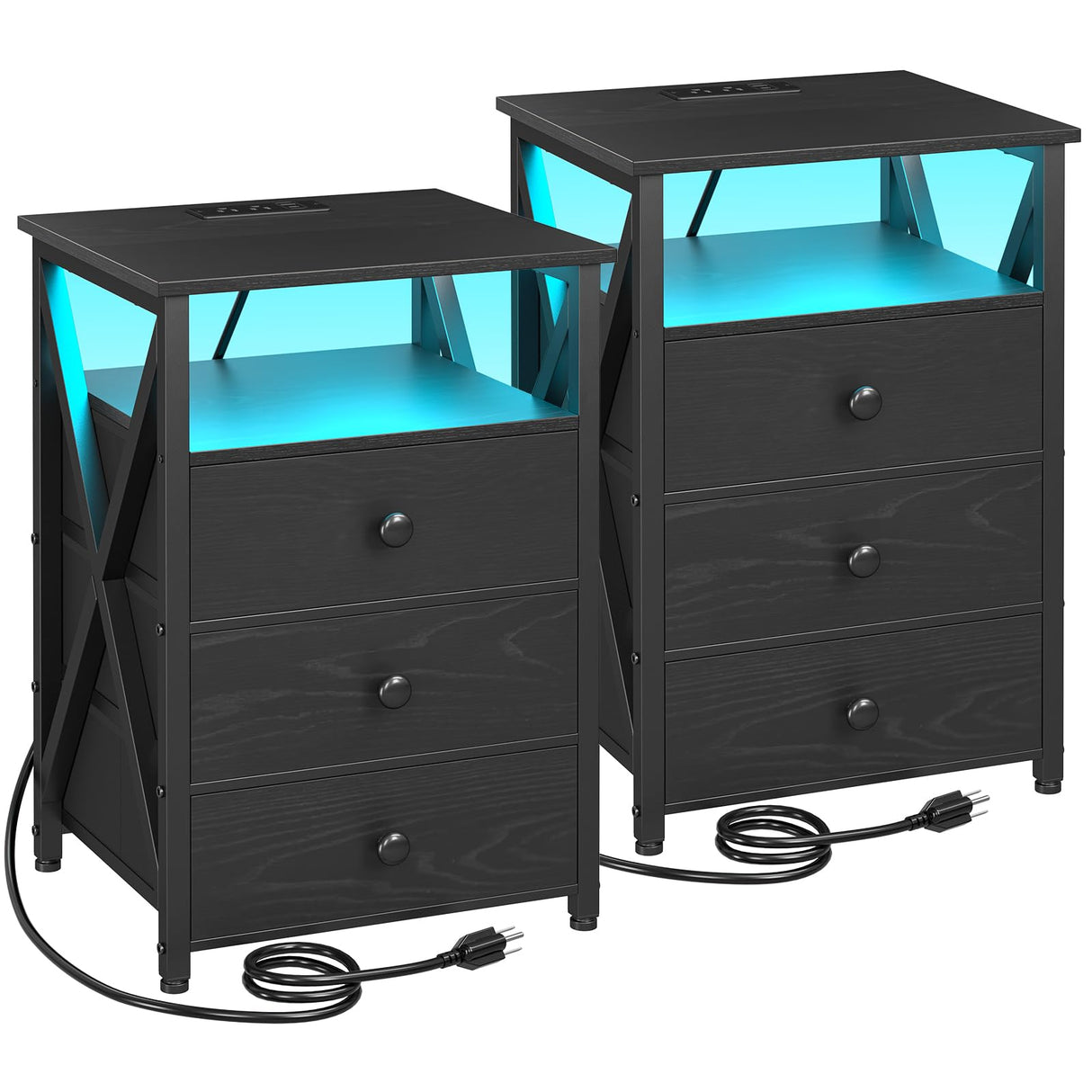 Night Stand Set 2, LED Nightstand with Charging Station, End Side Tables