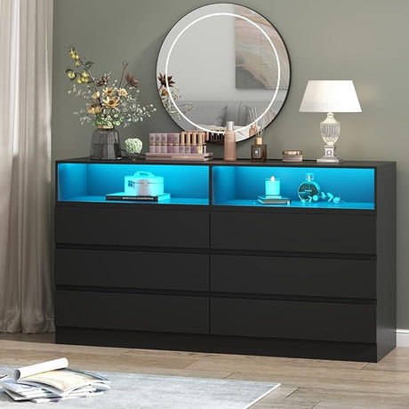 6 Drawer Double Dresser with Power Outlet, Accent Chests of Drawers with LED Light,