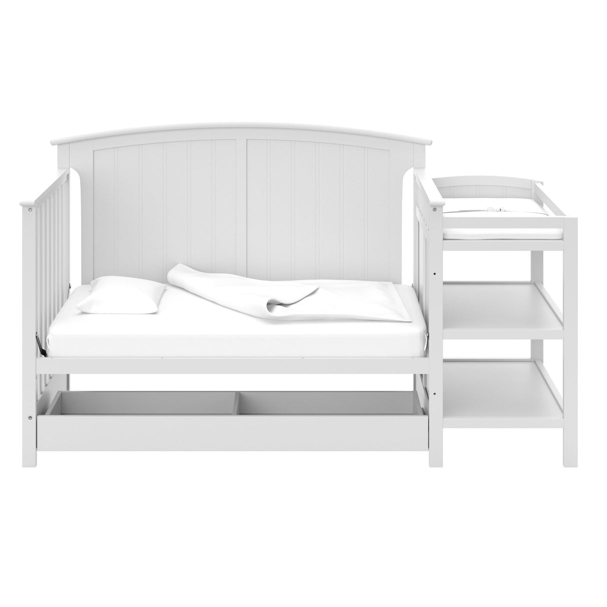 5-in-1 Convertible Crib and Changer with Drawer (White) – GREENGUARD Gold Certified, Crib and Changing Table Combo with Drawer, Converts to Toddler Bed, Daybed and Full-Size Bed