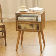 Mid Century Modern Nightstand with Drawer, Small Nightstand Bedside Table, Brown Rattan Nightstand, Wood End Table for Bedroom, Living Room (Brown)