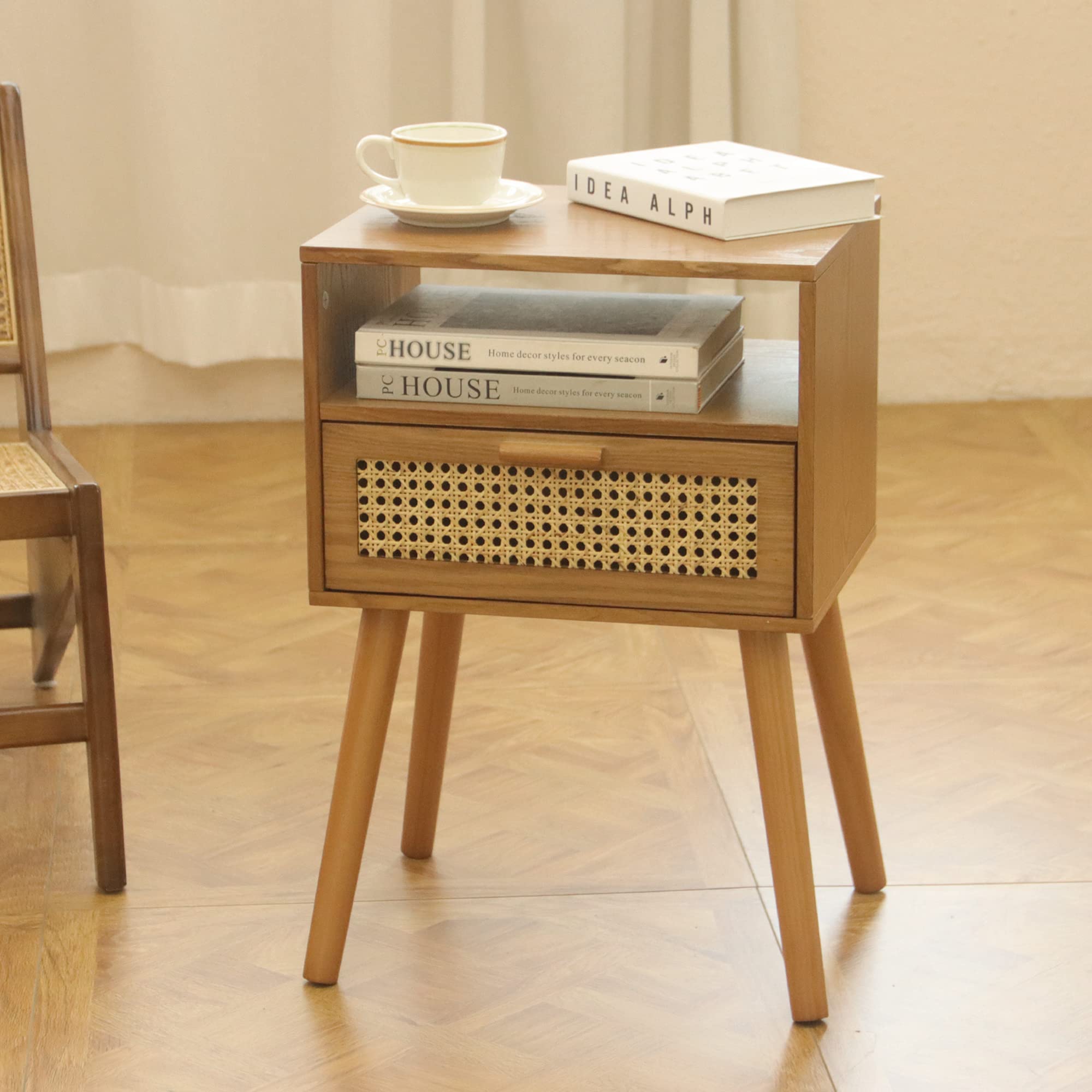 Mid Century Modern Nightstand with Drawer, Small Nightstand Bedside Table, Brown Rattan Nightstand, Wood End Table for Bedroom, Living Room (Brown)