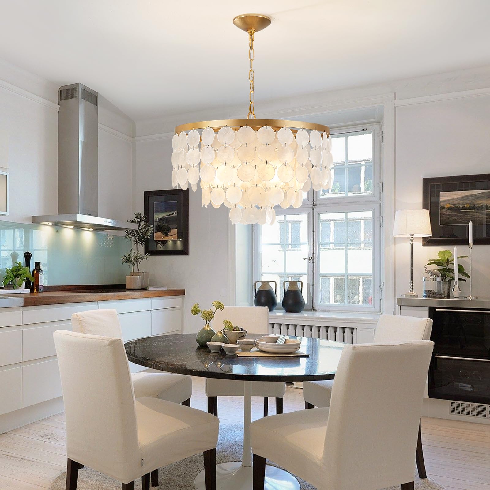 Shell Chandelier, White and Gold Chandelier Light Fixture with 4 Lights Capiz Seashell
