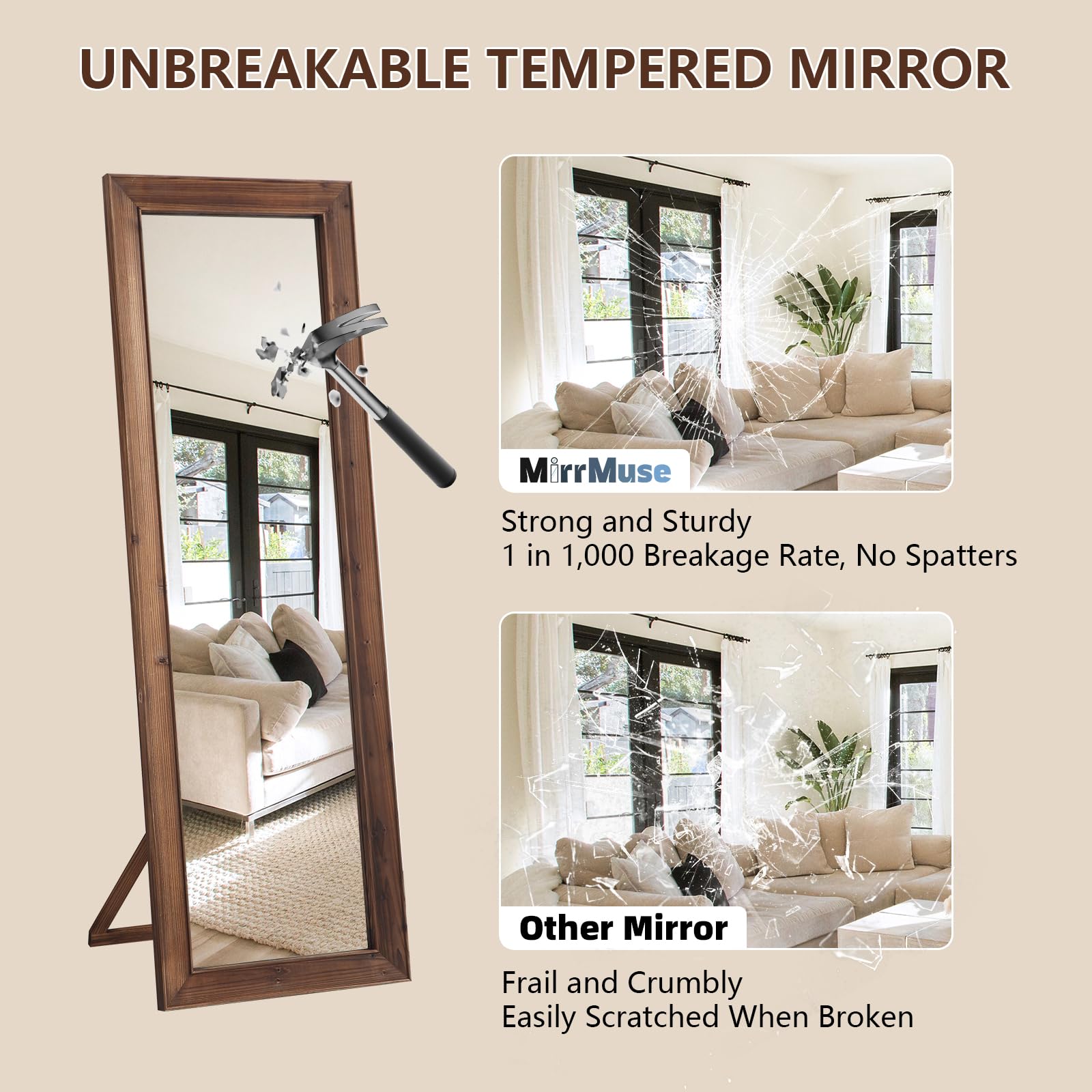 Farmhouse Standing Mirror Full Length 64x21 Rustic Wood Frame