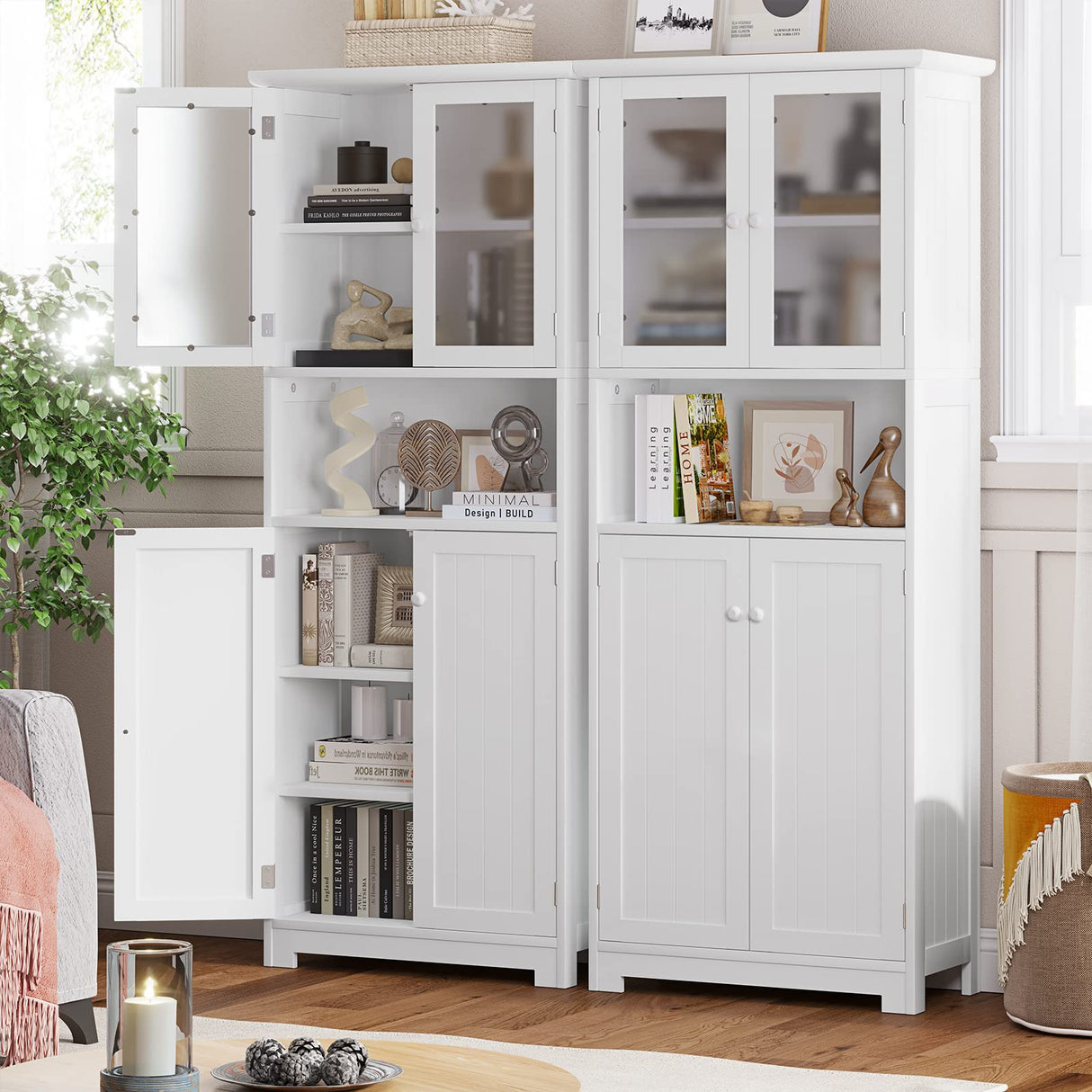 Tall Bathroom Storage Cabinet, Large Floor Cabinet with Open Compartments and 2