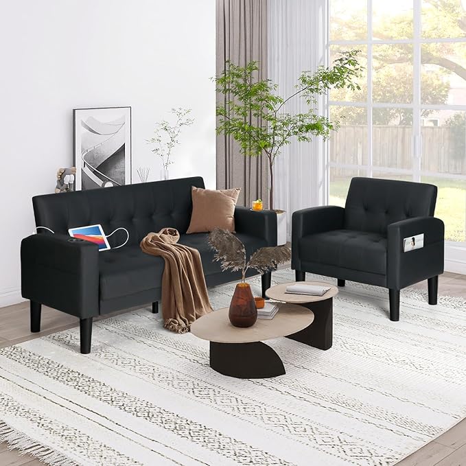62" Loveseat Couches Upholstered Fabric Linen Love Seat Sofas Couch with 2 USB