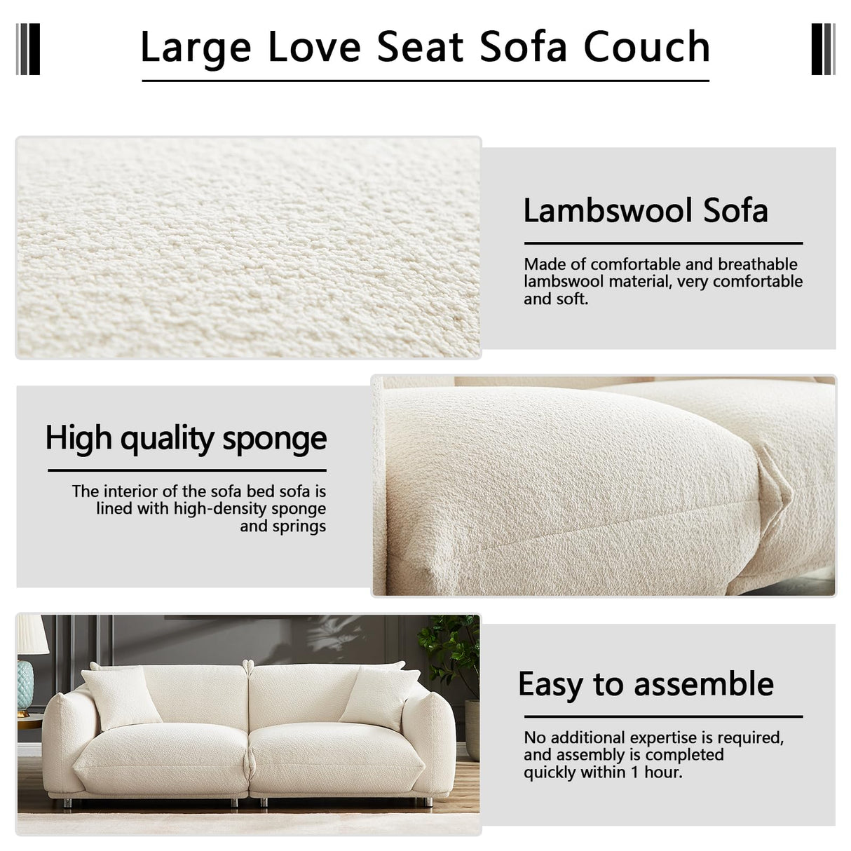 3 Seater Oversized Cloud Couch Loveseat Sofa with 2 Pillows