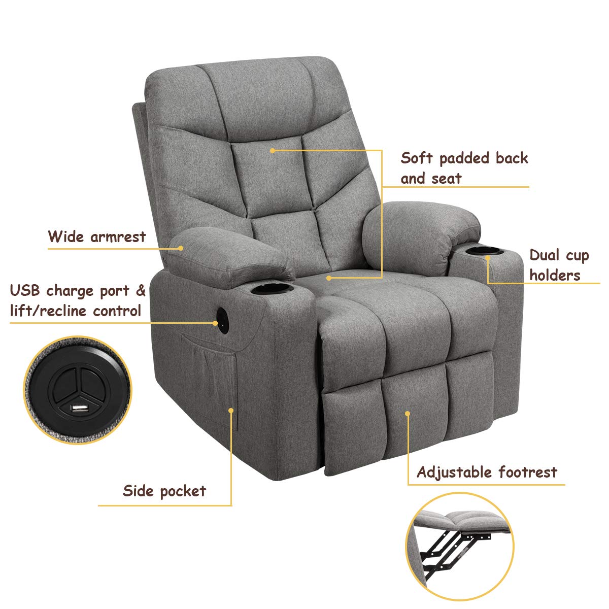 Power Lift Recliner Chair, Electric Living Room Sofa for Elderly w/ 8 PointMassage&