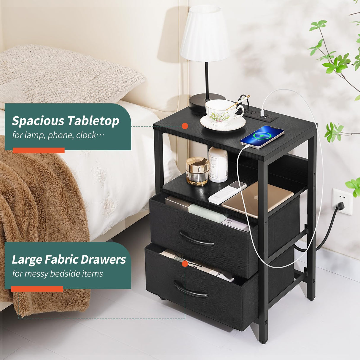 Nightstand with Charging Station, LED Night Stand with Fabric Drawers tlets