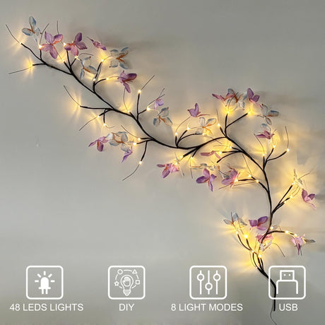 Willow Vine Light with Butterfly 48LED 6FT Enchanted Wall Decoration Vine Lights 8 Light