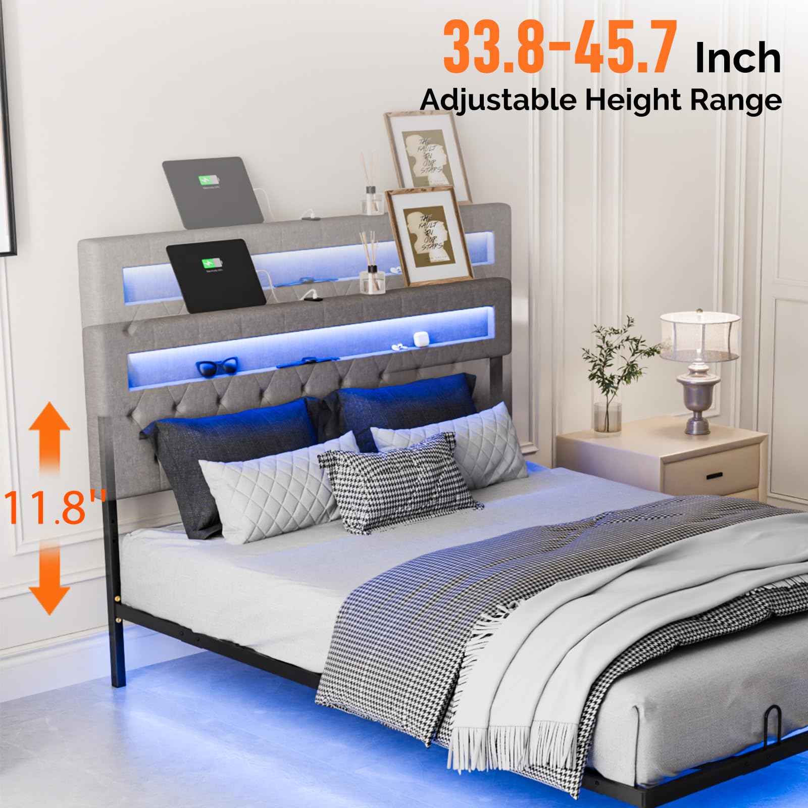 Queen Floating Bed Frame with Charging Station & RGB LED Lights
