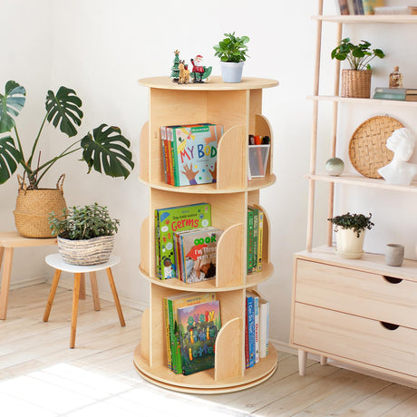 Kids Rotating Bookshelf, Small Corner Bookshelf for Small Space, 360° Display 3 Tier Floor