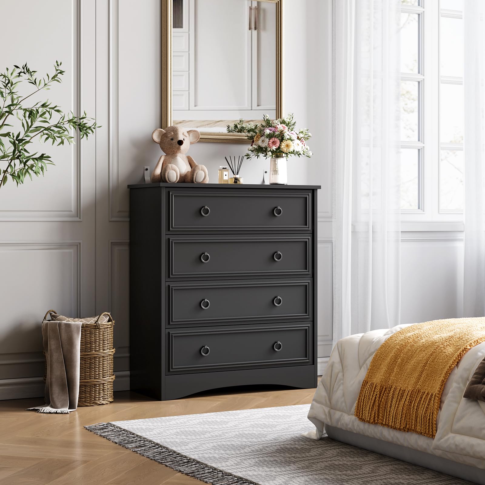 Modern 4 Drawer Dresser, Dressers for Bedroom, Tall Chest of Drawers Closet Organizers and Storage for