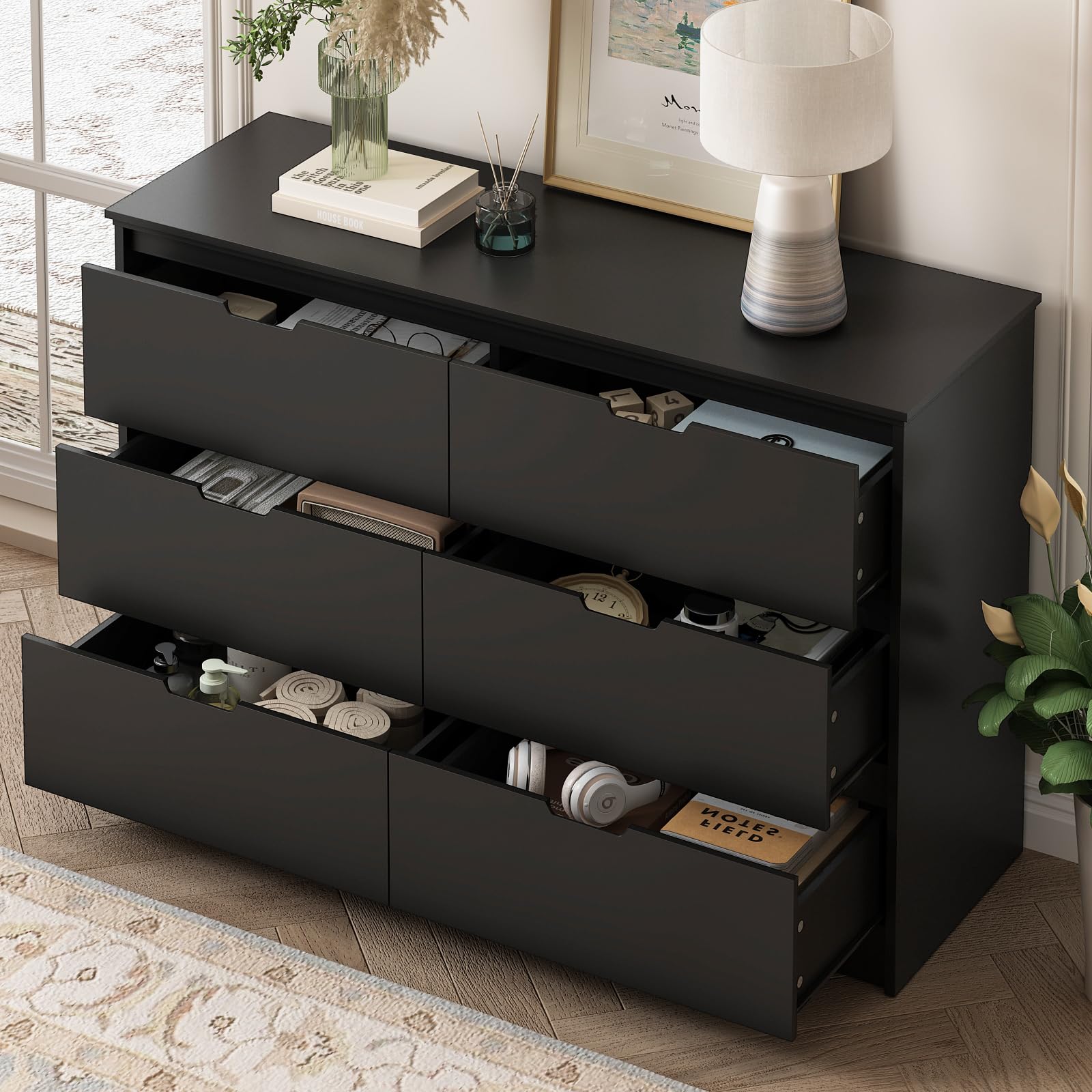 Black Dresser for Bedroom, 6 Drawer Dresser