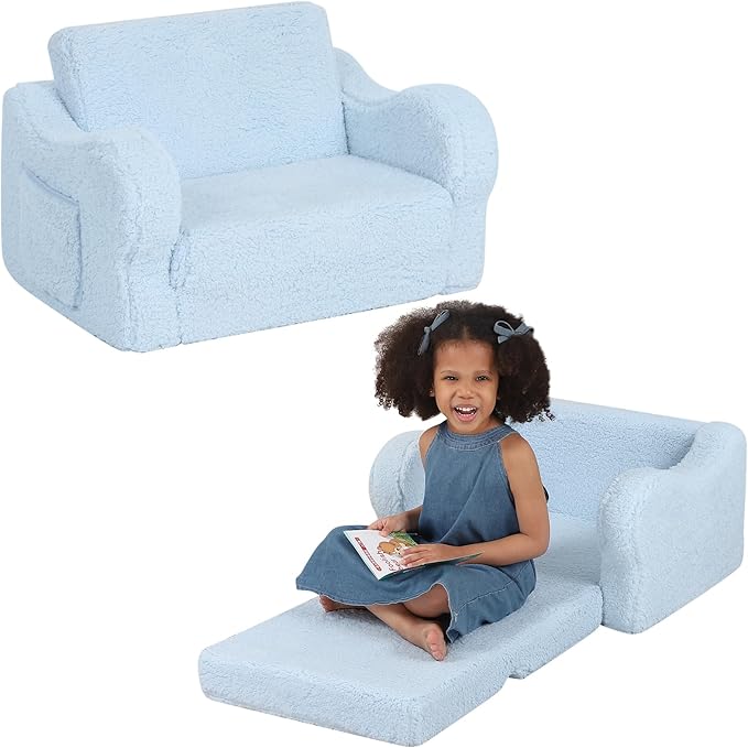 Extra Wide Toddler Chair, 2-in-1 Toddler Couch Fold Out, Convertible Sherpa Sofa to Lounger for Boys & Girls