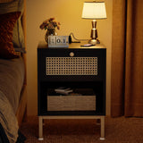 Set of 2 with Charger Station - Rattan Nightstand with Rattan Drawer, Boho Bed Side Table