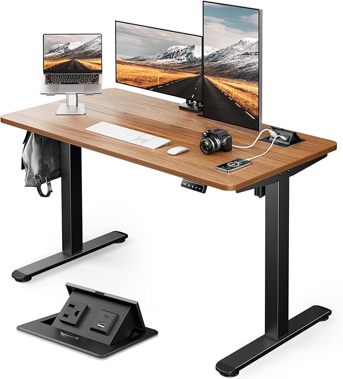 Standing Desk Adjustable Height, 48 x 24 Inches Desktop with Hidden Power Outlet