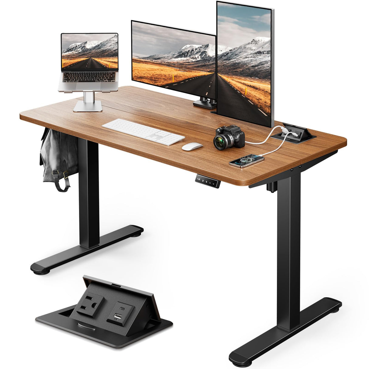 Standing Desk Adjustable Height, 48 x 24 Inches Desktop with Hidden Power Outlet
