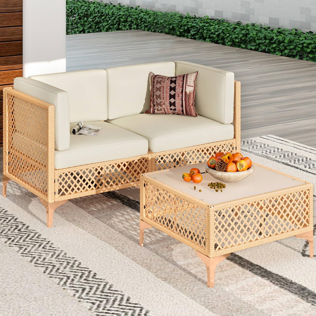 Outdoor Loveseat, 3 Pieces Wicker Patio Furniture Set