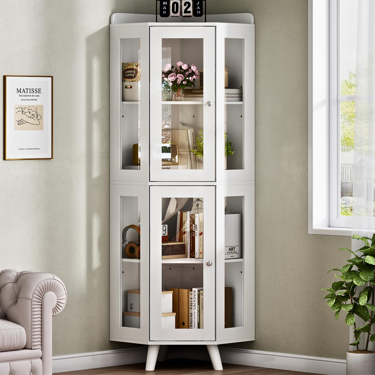 Tall Corner Cabinet with Glass Doors, Modern Storage Cabinet with Adjustable Shelves & Top Guard Rail, Home Space Saver for Bathroom, Living Room, Kitchen, Laundry Room, White