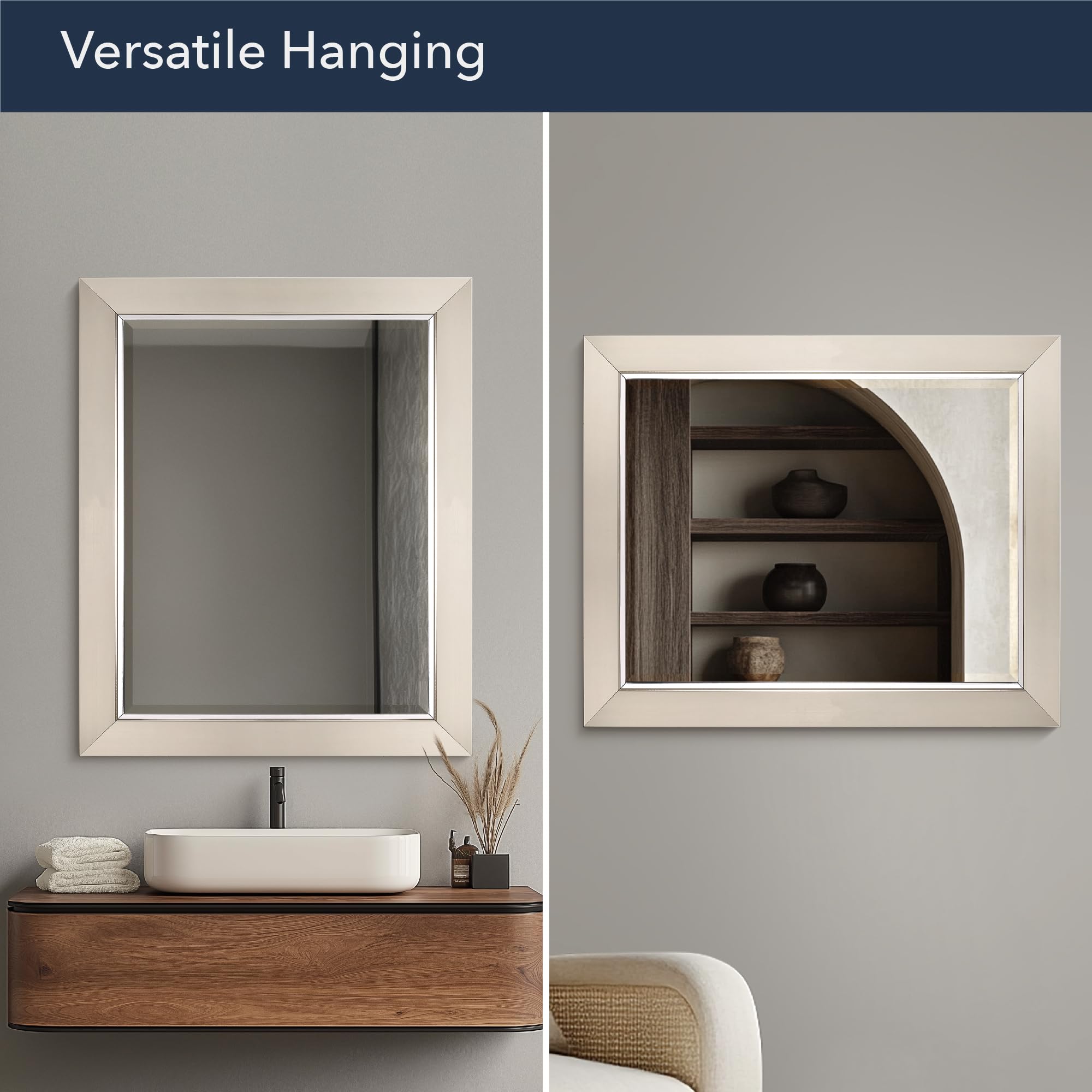 Head West Brushed Nickel Bathroom Vanity Mirror with Chrome Liner, Beveled Decorative Mirror for Wall Decor, Wall-Mounted Bathroom Mirrors for Over Sink, Restroom, Living Room 27.5"x33.5"