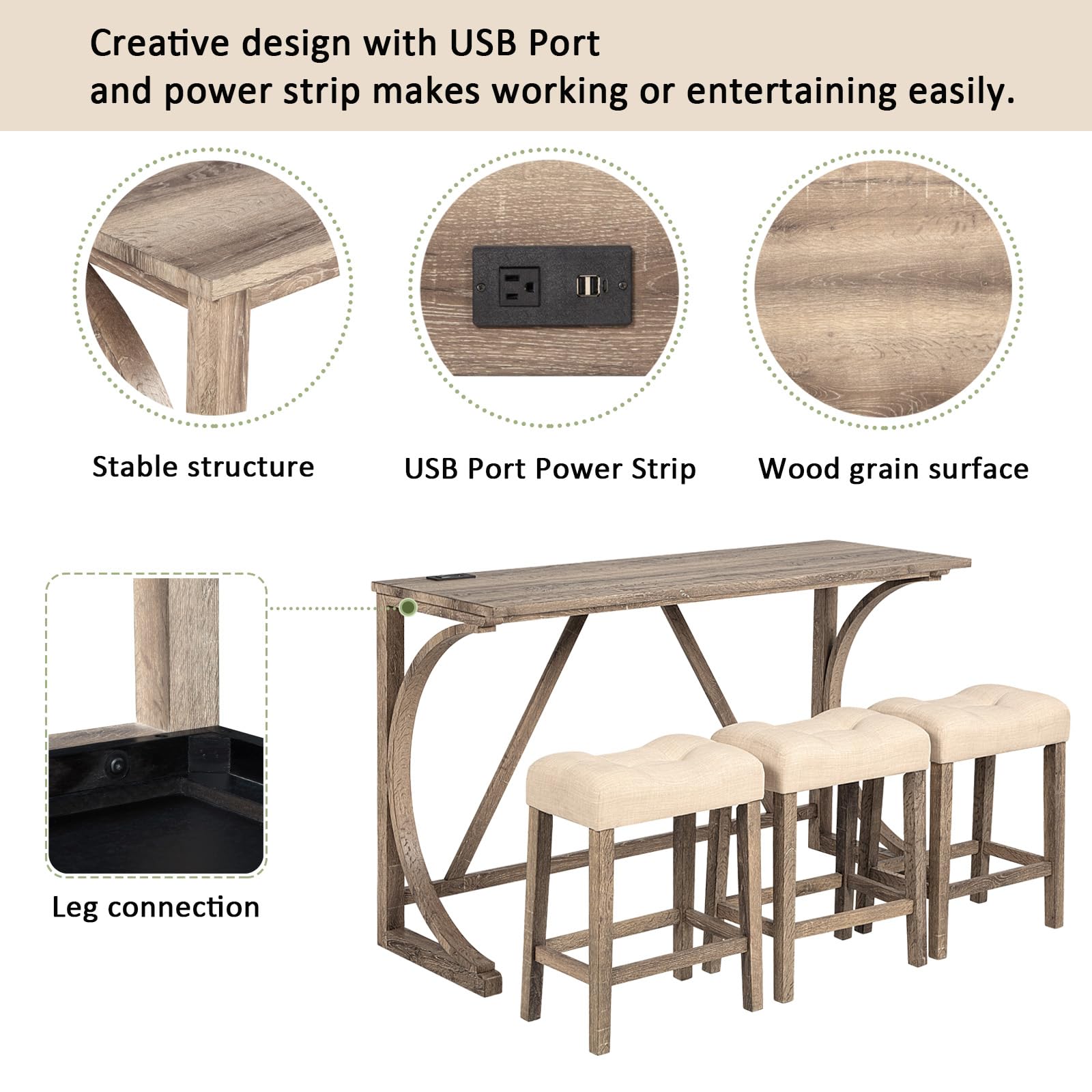 4-Piece Bar Table Set with Power Outlet - Counter Height Dining Set