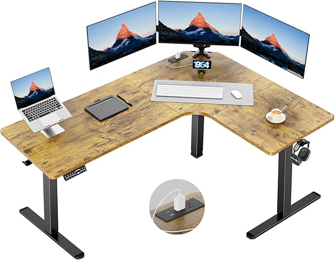 63″ Dual Motor L-Shaped Standing Desk, Built-in Power Outlets, Electric Height Adjustable Corner Computer Desk, Large Power Strip Holder, Sit Stand Up Desk with 3 Preset Heights, Black