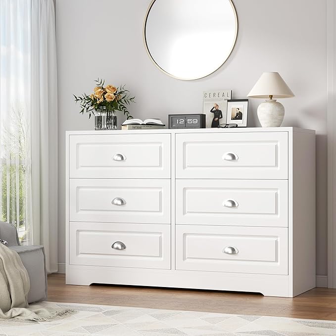 Dresser for Bedroom with 6 Drawers, White Double Dresser & Chest of Drawers Wooden