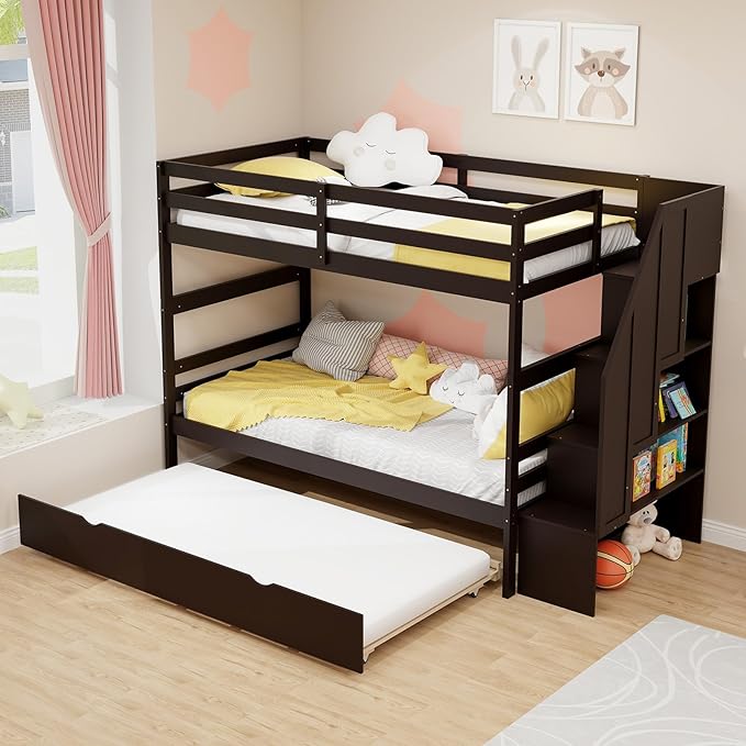 Twin Over Twin Bunk Bed with Trundle & Storage Stairs, Wooden Bunk Bed Frame with Storage Shelves & Drawer, Trundle Bunk Bed Frame with Guardrails, No Spring Box Required (Espresso)