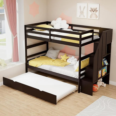 Twin Over Twin Bunk Bed with Trundle & Storage Stairs, Wooden Bunk Bed Frame with Storage Shelves & Drawer, Trundle Bunk Bed Frame with Guardrails, No Spring Box Required (Espresso)