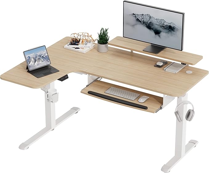 ERGONOMIC Standing Desk with Keyboard Tray, Computer Desk, 61" L Shaped Electric Adjustable Height