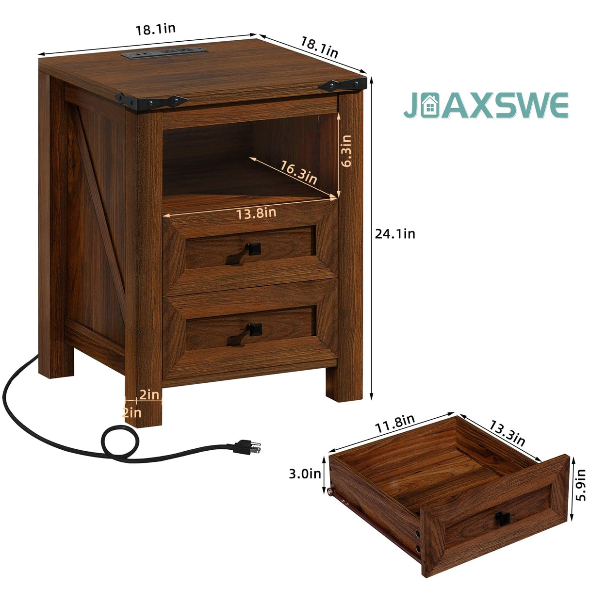 Joaxswe Nightstand with Charging Station and USB Port, Farmhouse Side End Table with 2 Drawers and Open Shelf, Wood Rustic Sofa Table, Bedside Cabinet for Bedroom, Living Room, Closet, Office(Brown)