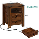 Joaxswe Nightstand with Charging Station and USB Port, Farmhouse Side End Table with 2 Drawers and Open Shelf, Wood Rustic Sofa Table, Bedside Cabinet for Bedroom, Living Room, Closet, Office(Brown)