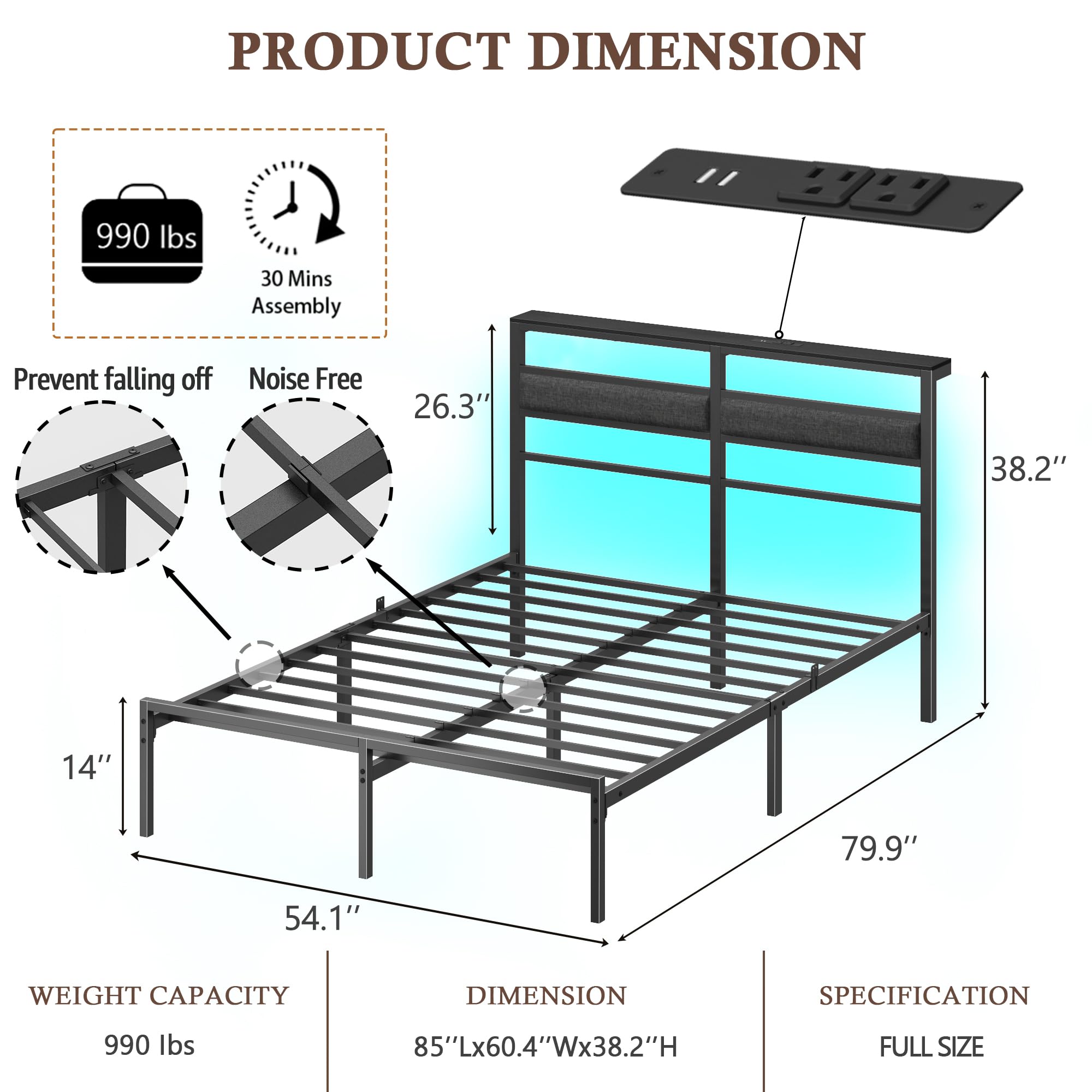 Full Size Metal Bed Frame with RGB LED Lighting & Charging Station