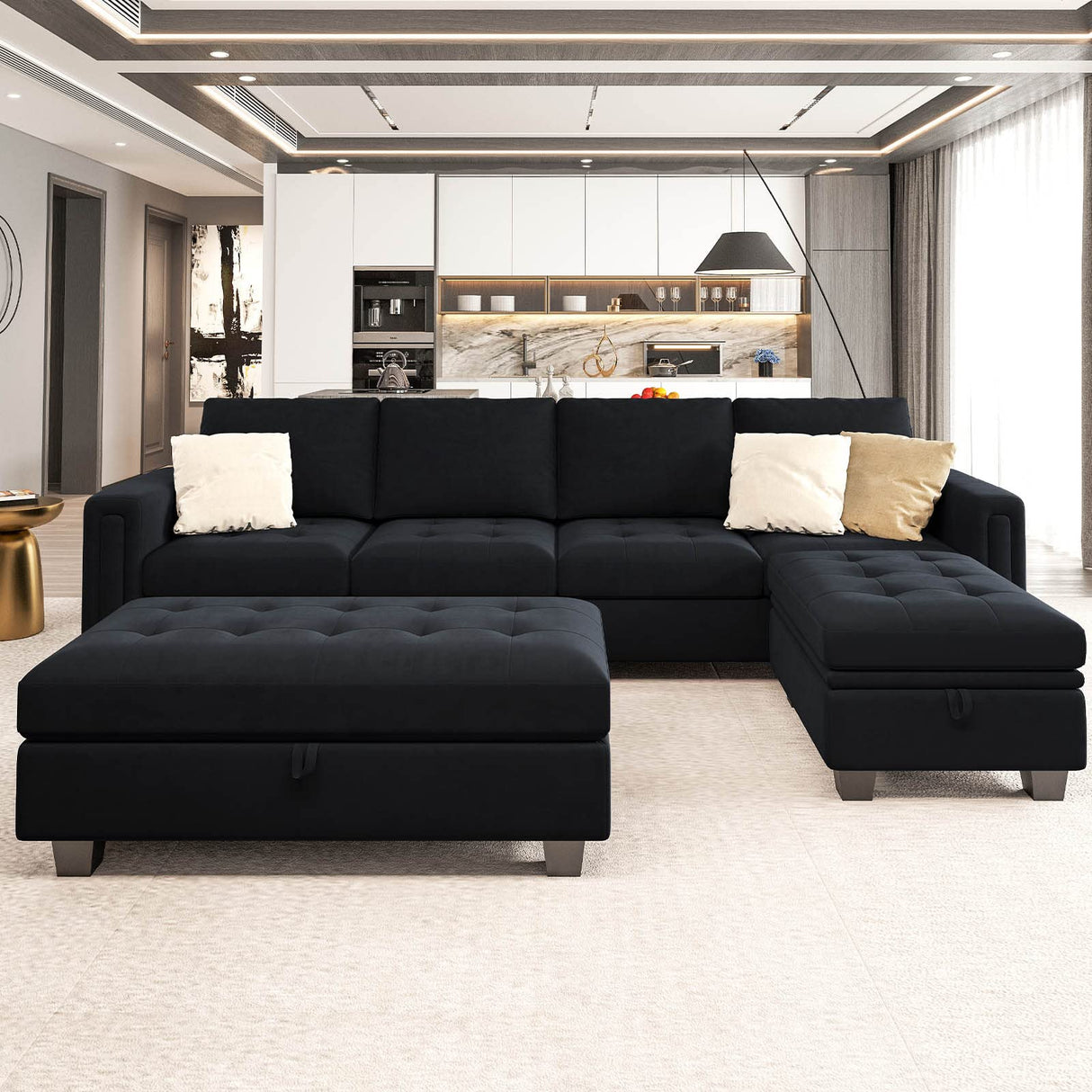 Velvet Convertible 4-Seat Sectional Sofa with Reversible Chaise L Shaped Sofa Couch Furniture