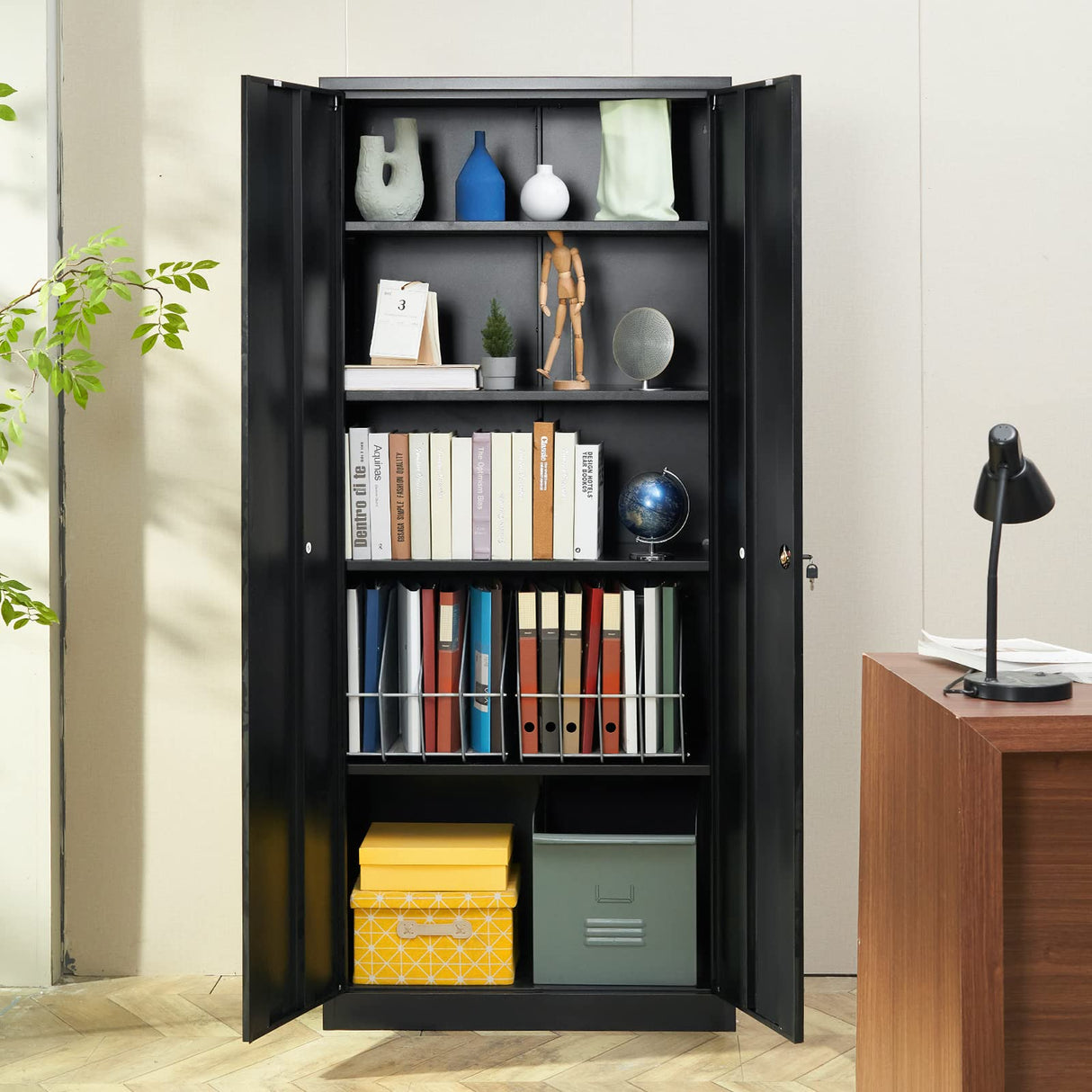 Metal Storage Cabinet, Steel Locking Storage Cabinet with 2 Magnetic Doors and