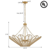 29" Natural Rattan Chandelier, with Boho Woven Wicker Flower Shade Antique Brass